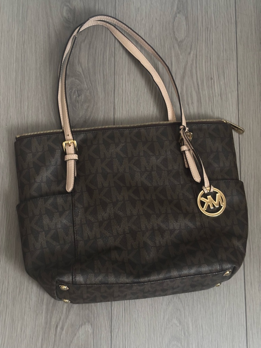 Michael Kors Brown MK Logo Tote with Beige Handles
